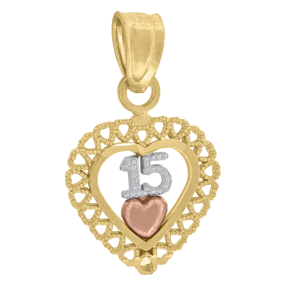 10kt 10k Gold Tri-Color DiamondCut Women 15 Anos Heart Quinceanera Charm Pendant